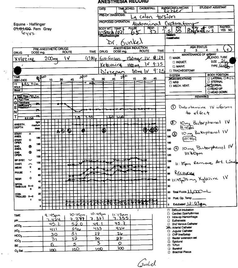 Anesthesia Monitoring Chart
