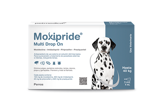 Moxipride® Multi Drop On asociación antiparasitaria de efecto integral contra nemátodos, tenias y ectoparásitos y sus formas inmaduras. 