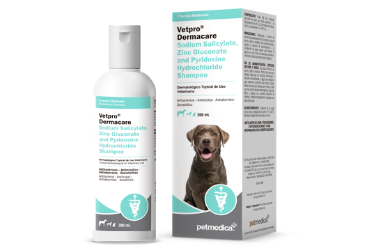 Vetpro® Dermacare Sodium Salicylate, Zinc Gluconate and Pyridoxine Hydrochloride Shampoo antibacteriano - antimicótico - antiseborreico - queratolítico 